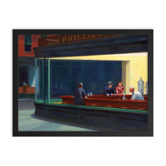 Nighthawks by Edward Hopper framed print on a plain backdrop in size 18"x24".