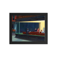 Nighthawks by Edward Hopper framed print on a plain backdrop in size 8"x10".