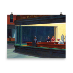 Nighthawks by Edward Hopper poster on a plain backdrop in size 8"x10".