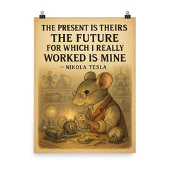 Nikola Tesla inspiring poster quote the present is theirs the future I worked for is mine poster on a plain backdrop in size 8"x10".