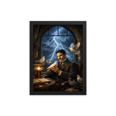 Nikola Tesla pigeons and lightning at window framed print on a plain backdrop in size 12"x16".