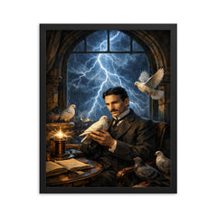 Nikola Tesla pigeons and lightning at window framed print on a plain backdrop in size 16"x20".