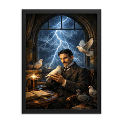 Nikola Tesla pigeons and lightning at window framed print on a plain backdrop in size 18"x24".