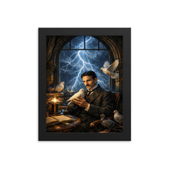 Nikola Tesla pigeons and lightning at window framed print on a plain backdrop in size 8"x10".
