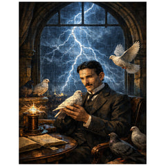 Nikola Tesla pigeons and lightning at window jigsaw puzzle
