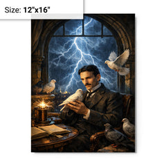 Nikola Tesla pigeons and lightning at window metal print on a plain backdrop in size 12"x16".