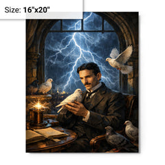 Nikola Tesla pigeons and lightning at window metal print on a plain backdrop in size 16"x20".