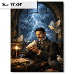 Nikola Tesla pigeons and lightning at window metal print on a plain backdrop in size 18"x24".