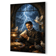 Nikola Tesla pigeons and lightning at window metal print mockup