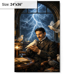 Nikola Tesla pigeons and lightning at window metal print on a plain backdrop in size 24"x36".