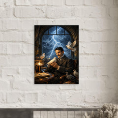 Nikola Tesla pigeons and lightning at window metal print mockup