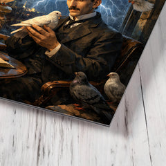 Nikola Tesla pigeons and lightning at window metal print mockup