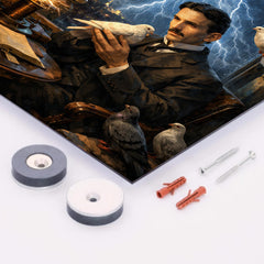 Nikola Tesla pigeons and lightning at window metal print mockup