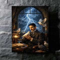 Nikola Tesla pigeons and lightning at window metal print mockup