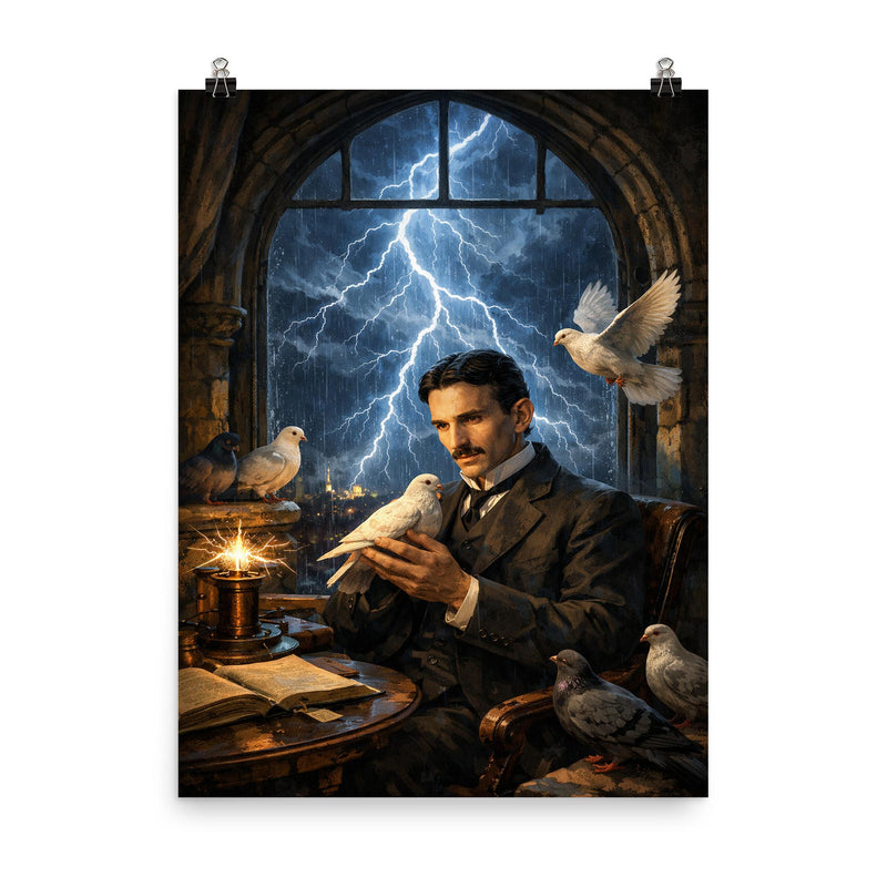 Nikola Tesla pigeons and lightning at window poster on a plain backdrop in size 8