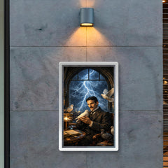 Nikola Tesla pigeons and lightning at window poster 2
