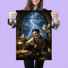 Nikola Tesla pigeons and lightning at window poster 3