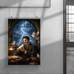 Nikola Tesla pigeons and lightning at window poster 4