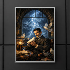 Nikola Tesla pigeons and lightning at window poster 5