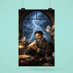Nikola Tesla pigeons and lightning at window poster 6