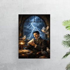 Nikola Tesla pigeons and lightning at window poster 7