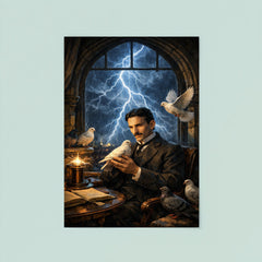 Nikola Tesla pigeons and lightning at window poster 8