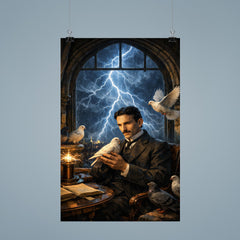 Nikola Tesla pigeons and lightning at window poster 9