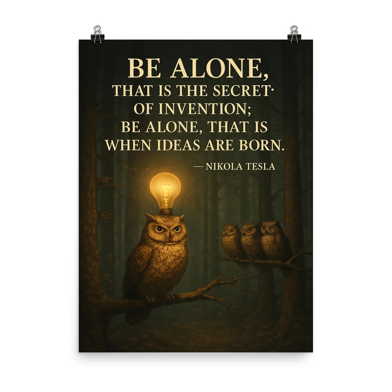 Nikola Tesla quote be alone secret of invention solitary owl in forest with lightbulb moments poster on a plain backdrop in size 8