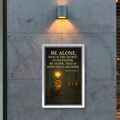 Nikola Tesla quote be alone secret of invention solitary owl in forest with lightbulb moments poster 2