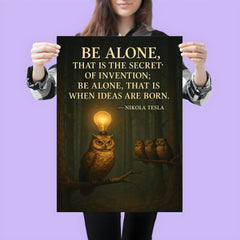 Nikola Tesla quote be alone secret of invention solitary owl in forest with lightbulb moments poster 3