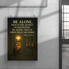 Nikola Tesla quote be alone secret of invention solitary owl in forest with lightbulb moments poster 4