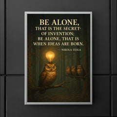 Nikola Tesla quote be alone secret of invention solitary owl in forest with lightbulb moments poster 5