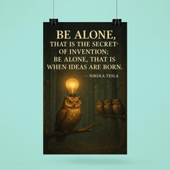 Nikola Tesla quote be alone secret of invention solitary owl in forest with lightbulb moments poster 6