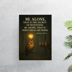 Nikola Tesla quote be alone secret of invention solitary owl in forest with lightbulb moments poster 7