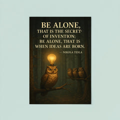 Nikola Tesla quote be alone secret of invention solitary owl in forest with lightbulb moments poster 8