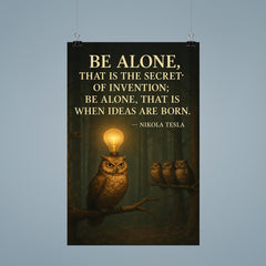 Nikola Tesla quote be alone secret of invention solitary owl in forest with lightbulb moments poster 9