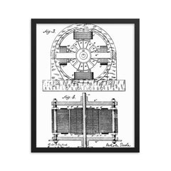 Nikola Tesla's original patent for the electro-magnetic motor framed print on a plain backdrop in size 16"x20".