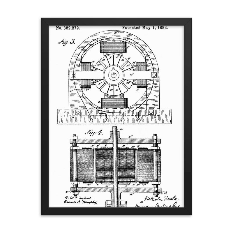 Nikola Tesla's original patent for the electro-magnetic motor framed print on a plain backdrop in size 18