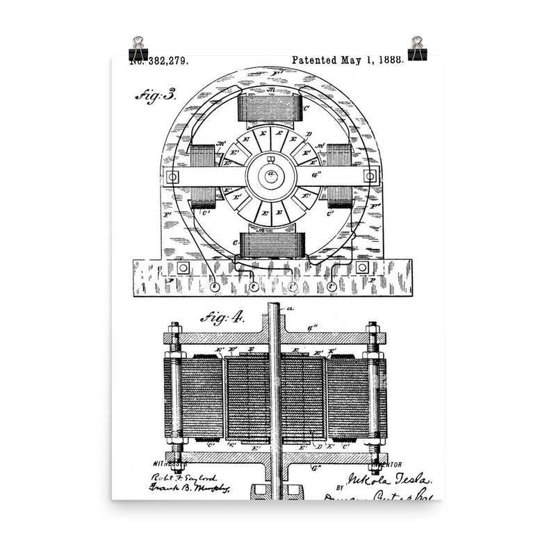 Nikola Tesla's original patent for the electro-magnetic motor poster on a plain backdrop in size 8