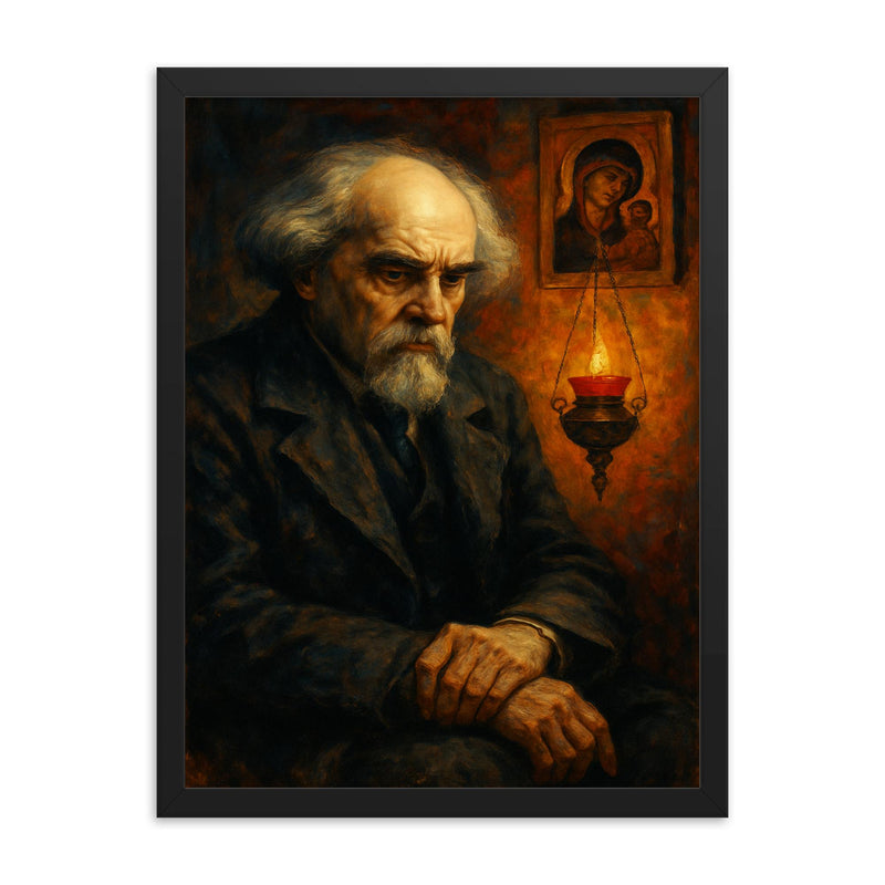 Nikolai Berdyaev amid exile and icon lamp framed print on a plain backdrop in size 18