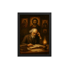 Nikolai Berdyaev in exile study with icons framed print on a plain backdrop in size 12"x16".