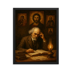 Nikolai Berdyaev in exile study with icons framed print on a plain backdrop in size 16"x20".