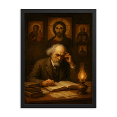 Nikolai Berdyaev in exile study with icons framed print on a plain backdrop in size 18"x24".