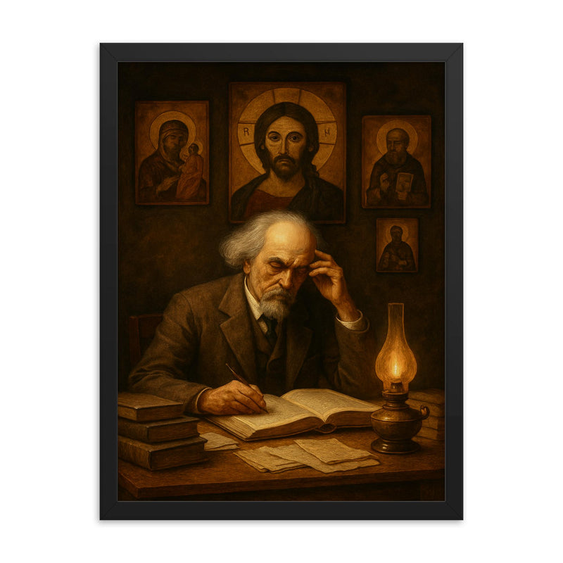 Nikolai Berdyaev in exile study with icons framed print on a plain backdrop in size 18
