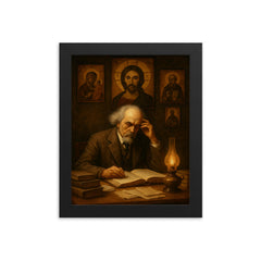 Nikolai Berdyaev in exile study with icons framed print on a plain backdrop in size 8"x10".