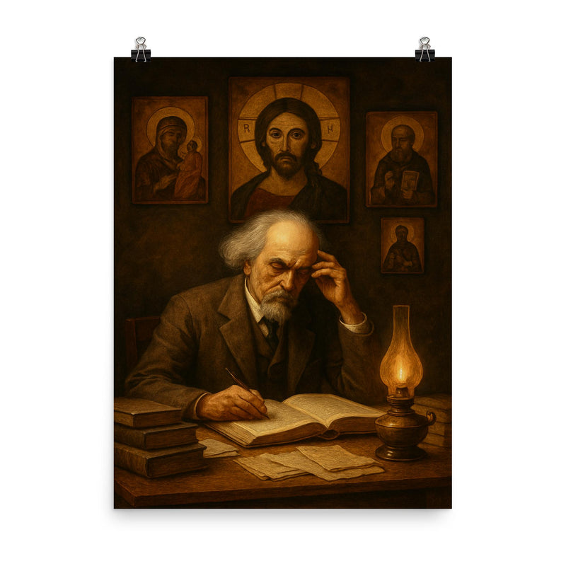 Nikolai Berdyaev in exile study with icons poster on a plain backdrop in size 8