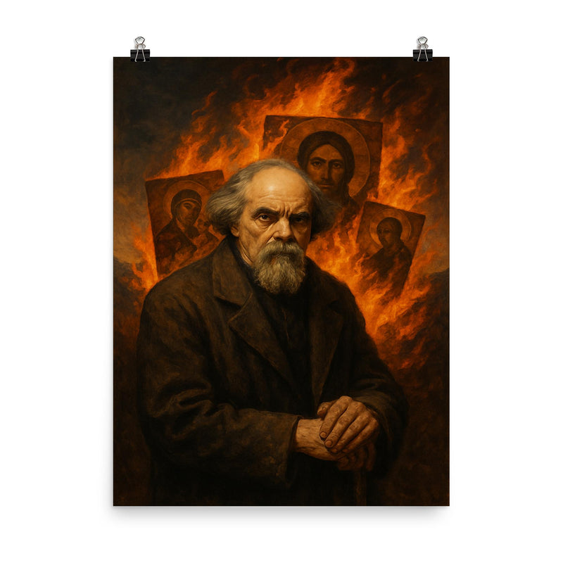 Nikolai Berdyaev in exile with burning icons poster on a plain backdrop in size 8