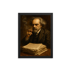 Nikolai Berdyaev smoking beside manuscript pages framed print on a plain backdrop in size 12"x16".