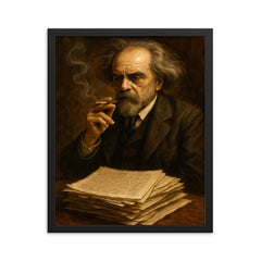 Nikolai Berdyaev smoking beside manuscript pages framed print on a plain backdrop in size 16"x20".