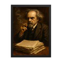 Nikolai Berdyaev smoking beside manuscript pages framed print on a plain backdrop in size 18"x24".